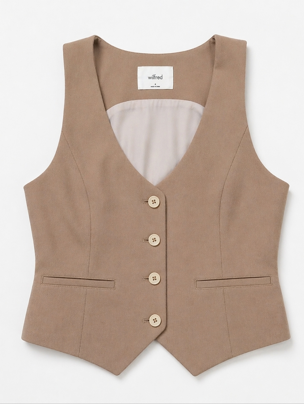 Wilfred Aritzia Taupe Tailored Suit Vest Waistcoat Size 4 Button Front Structure